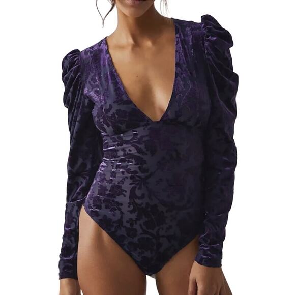 Free People Magic Hour Bodysuit Womens XS Velvet Long Sleeve Deep Sea Purple - Picture 5 of 7